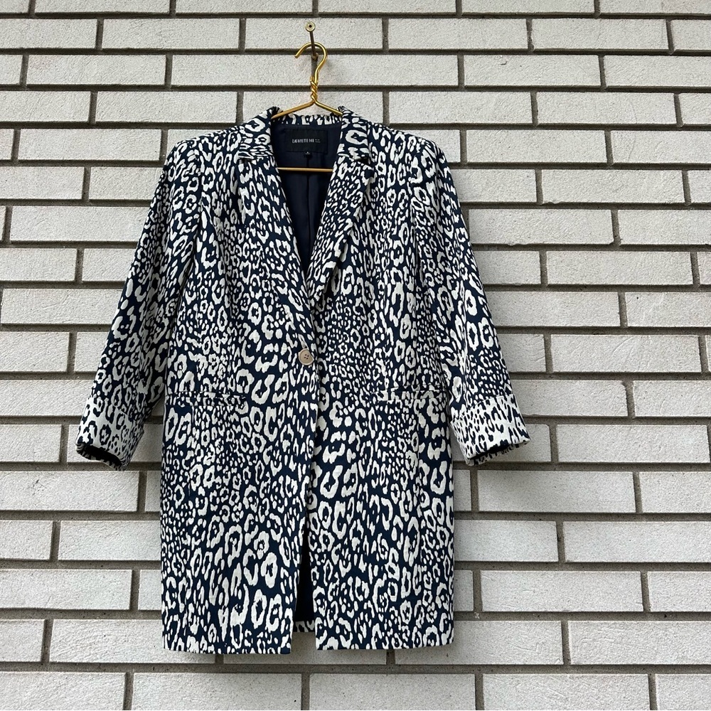 Lafayette 148 New York Animal Print Cotton Blend Blazer Jacket Navy Ivory Size 8